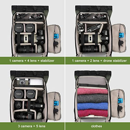 Besnfoto Camera Backpack for Photographer DSLR SLR Waterproof Camera Bag with Laptop Compartment Tripod Holder Roll Top Photographer Case for Hiking Traveling - color: Green