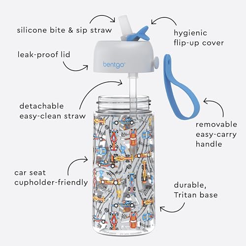 Bentgo Kids Water Bottle - Leak-Proof, Durable Tritan PFAS- & BPA-Free 15 fl oz, Kids/Toddlers Ages 3+ for School & Sports; Bite & Sip Spout, Carrying Handle, Dishwasher Safe (NEW Race Cars) - color: Race Cars