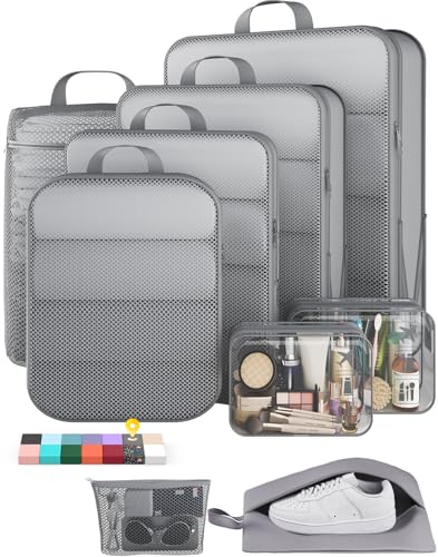 Veken 9/11 Set Compression Packing Cubes for Travel Essentials,Compressible Expandable Large Luggage Suitcase Organizer Bags for Clothing,Space Saver Bags with Over 1000 pcs of Mesh Holes(Gray) - color: Gray, size: 9 set