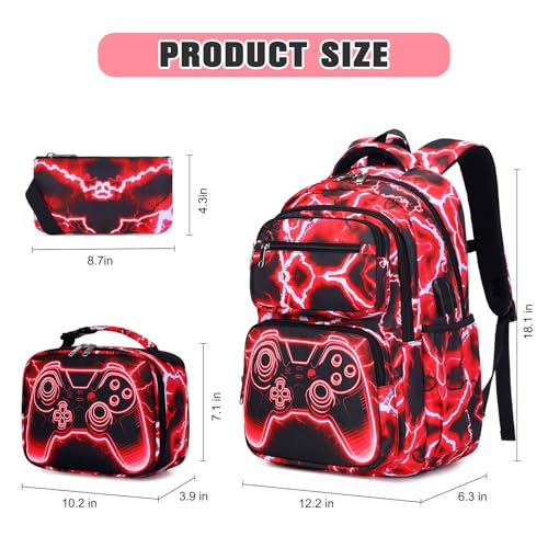 Bevalsa Backpack for Boys, Lightning School Bags with Lunch Bag & Pen Case for Kids, Bookbag for Boys Teens Elementary Middle High School - color: Red Game