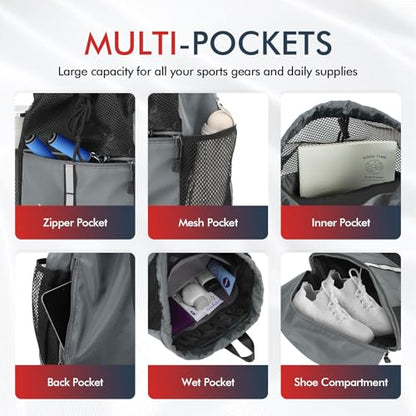 PinCute Drawstring Gym Bag for Men/Women - Mesh Beach Swim Bags Sports Backpack with Wet Pocket&Shoe Compartment, Lightweight - color: Dark Grey
