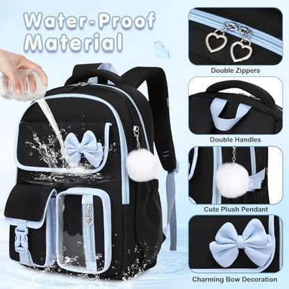 GeeWin Girls Backpack for School with Lunch Box & Pencil Case Set, 17 Inch Waterproof Cute Bow Girls Bookbag for Kids, Teens, Elementary Middle High College School Student (Black/Blue) - color: Black Blue