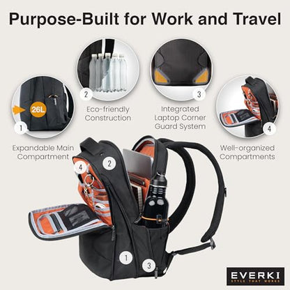 EVERKI Studio Expandable 26L Laptop Backpack – Business & Carry On Travel Backpack for Men & Women with Expandable Storage Padded Laptop Compartment Professional Backpack Fits Laptops up to 15", Black - size: 26 Liters