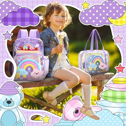 Paterr 3 Pcs Clear Backpack for Girls Rainbow Cloud Backpack with Lunch Bag Pencil Case for Kids Purple Heavy Duty PVC Transparent Bookbag See Through School Bag - color: Purple, style: Rainbow Cloud