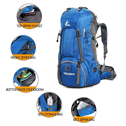 Bseash 60L Waterproof Hiking Camping Backpack with Rain Cover, Large Outdoor Sport Travel Daypack Rucksack for Climbing - color: Blue