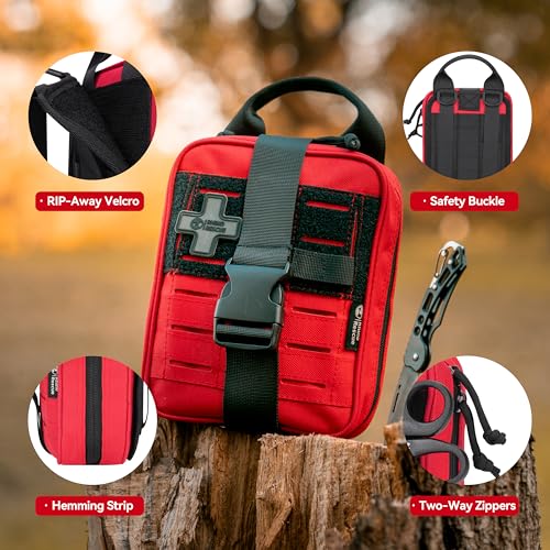 RHINO RESCUE Survival First Aid Kit, HSA/FSA Eligible, Emergency Kit Molle Pouch IFAK Medical Kit for Vehicles Car Camping Backpacking Hiking Hunting - color: Red