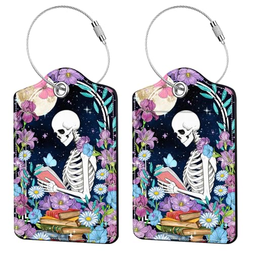 2 Pcs Book Skull Luggage Tags for Suitcase, Leather Luggage Tags Funny, Privacy Cover ID Label with Stainless Steel Loop & Address Card, Book Travel Bag Tag Luggage Accessories for Suitcases - color: Funny-book-skull