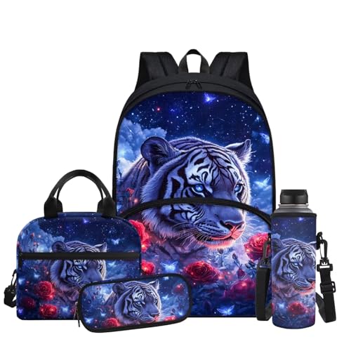Aesthetic Tiger Backpack for Kids Girls Backpack with Lunch Box Water Bottle Carrier and Zipper Pencil Case 4Pcs Set 17" Bookbag with Large Front Pocket Lightweight Elementary School Bag - color: Aesthetic Tiger-1