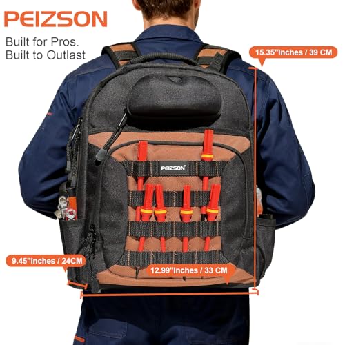Tool Backpack for Electricians, HVAC, Technicians & Mechanics. Professional Tool Back Pack Bag with 4 Compartments, 39 Pockets, 31 MOLLE Loops, and Safety Goggles Box