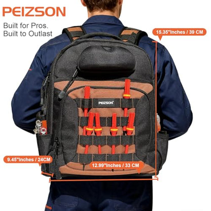 Tool Backpack for Electricians, HVAC, Technicians & Mechanics. Professional Tool Back Pack Bag with 4 Compartments, 39 Pockets, 31 MOLLE Loops, and Safety Goggles Box