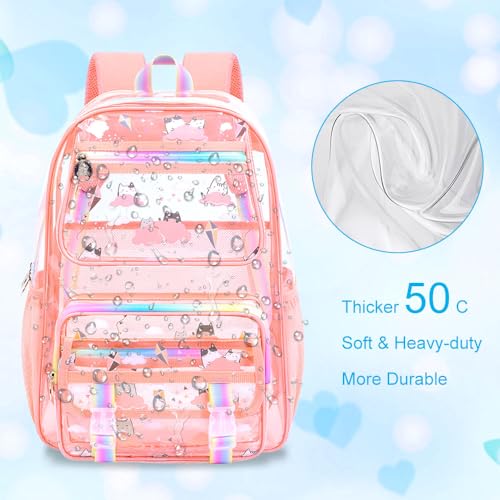 KLFVB Transparent Backpack Heavy Duty, 3PCS Girls See Through School Bag Set, Cute Clear Bookbag for Women - Cloud Cat Pink - color: Cloud Cat Pink Clear Backpack