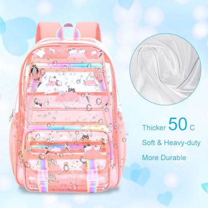KLFVB Transparent Backpack Heavy Duty, 3PCS Girls See Through School Bag Set, Cute Clear Bookbag for Women - Cloud Cat Pink - color: Cloud Cat Pink Clear Backpack