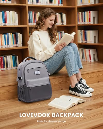 LOVEVOOK Laptop Backpack for Women Teens,College School Backpack with Tumbler Holder,15.6" Computer Bag,14 Pockets,Waterproof - color: Dark/Light Grey, size: 15.6inch