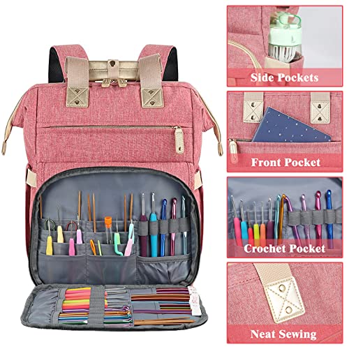 LTINVECK Knitting Bag Backpack,Yarn Storage Organizer Travel Crochet Bag,Large Capacity Tote Bag Yarn Holder Case for Carrying Projects, Knitting Needles, Crochet Hooks Pink - color: Pink