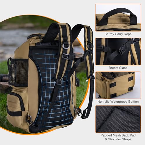 Goture 40L Fishing Tackle Backpack Khaki, Water-Resistant Fishing Bag with Cooler Compartment & Rain Cover for Saltwater - color: Khaki, size: A - Trays not included