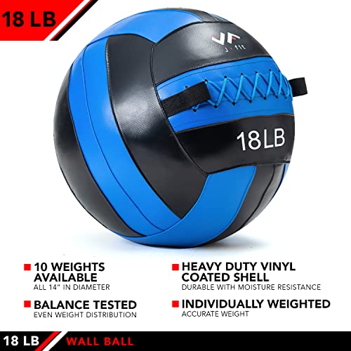 JFit Wall Ball – Premium Soft Weighted Exercise Ball for Strength, Conditioning, Gym & Home Workouts, 4-30 LB - color: Blue/Black, style: 18 LB