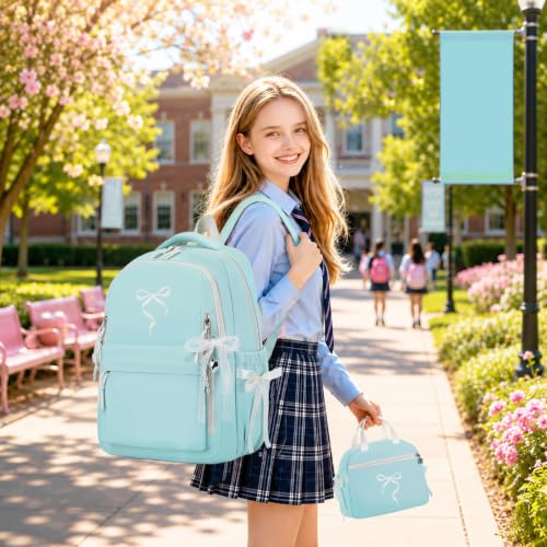 Kids Backpack for Girls - 3PCS Cute Embroidered Bow Girls Backpack with Insulated Lunch Bag & Pencil Case - Bookbag for Teen Women Middle High School College Work Travel Daypack - color: Mint