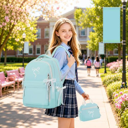 Kids Backpack for Girls - 3PCS Cute Embroidered Bow Girls Backpack with Insulated Lunch Bag & Pencil Case - Bookbag for Teen Women Middle High School College Work Travel Daypack - color: Mint