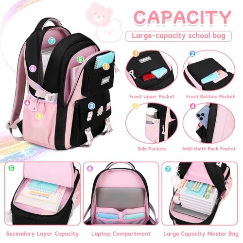 Girls Backpack, Kids Backpack for Girls with Anti-theft Back Pocket, Lightweight School Back pack, Watrer Resistant, Bookbag for Elementary Primary School, Black Pink - color: Black Pink