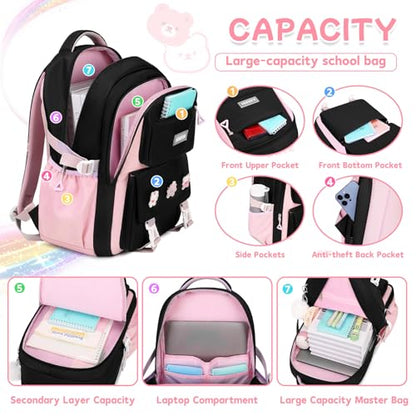 Girls Backpack, Kids Backpack for Girls with Anti-theft Back Pocket, Lightweight School Back pack, Watrer Resistant, Bookbag for Elementary Primary School, Black Pink - color: Black Pink