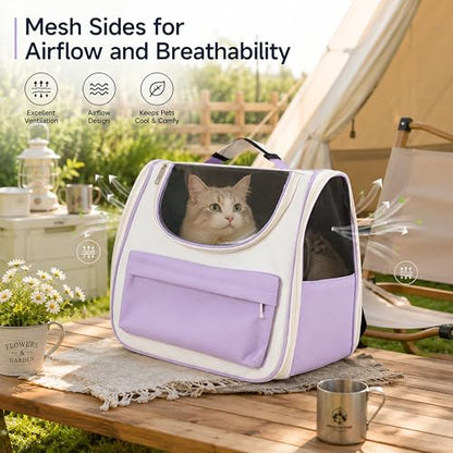 Cat Backpack Carrier, Foldable Pet Carrier Backpack for Cats and Small Dogs, Built-in Safety Clip, Dual-Sided Ventilation Mesh, for Travel, Walking, Hiking & Vet Visits, Purple