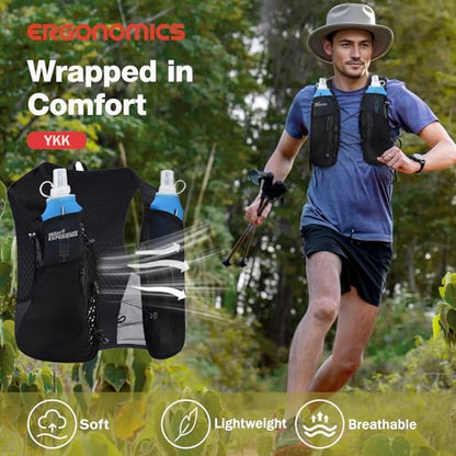 Running Vest Lightweight Packable Trail Hydration with 2 17oz Soft Flask Jogging Marathon Hiking Women Men - color: Black 5L, size: Small