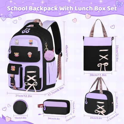 Girls Backpack with Lunch Box, 5pc Cute Bookbag for Kids Teen, Kawaii Aesthetic Elementary School Backpack - color: Purple Black