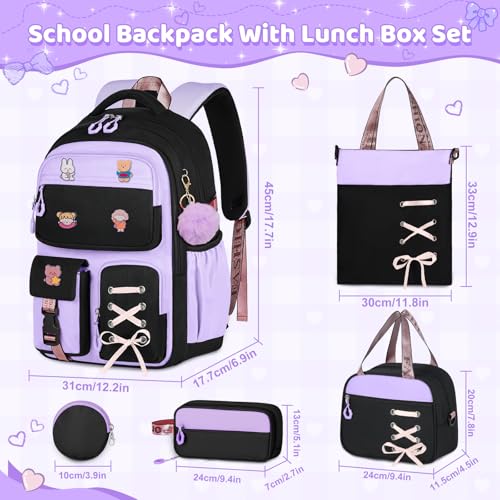 Girls Backpack with Lunch Box, 5pc Cute Bookbag for Kids Teen, Kawaii Aesthetic Elementary School Backpack - color: Purple Black