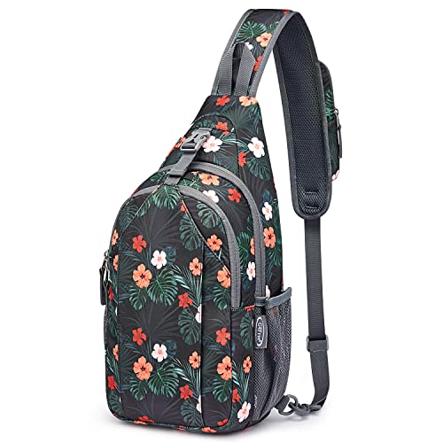 G4Free Sling Bag for Men and Women, RFID Blocking Crossbody Bag, Lightweight Sling Backpack for Travel, Hiking, Walking and Daily Use - color: Black Base Flora