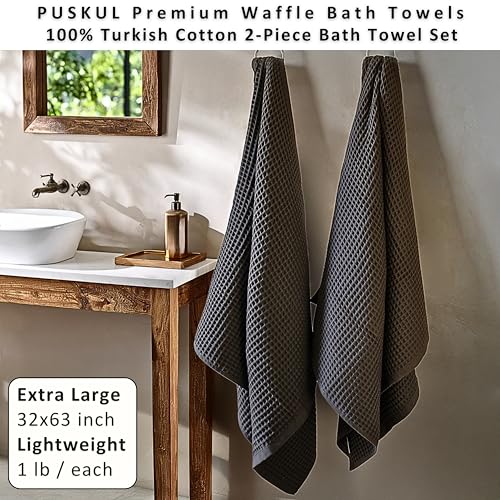 PÜSKÜL Natural 100% Turkish Cotton Waffle Bath Towels Set of 2-Piece | 32x63 inch Extra Large Absorbent Quick-Dry Lightweight Spa Towel | Luxury Sauna Accessories (Dark Gray Bath Towels - Pack of 2) - color: Dark Gray