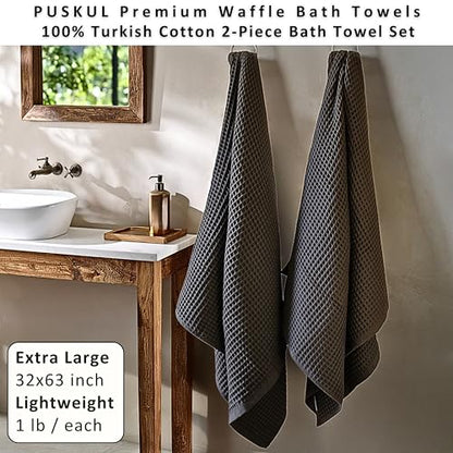 PÜSKÜL Natural 100% Turkish Cotton Waffle Bath Towels Set of 2-Piece | 32x63 inch Extra Large Absorbent Quick-Dry Lightweight Spa Towel | Luxury Sauna Accessories (Dark Gray Bath Towels - Pack of 2) - color: Dark Gray