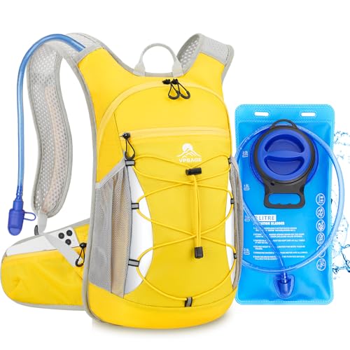 Hydration Backpack with 2L Water Bladder - Lightweight 15L Daypack with Phone-Sized Hip Belt Pockets, Anti-Chafe Cotton Edging & No-Bounce Straps - Small Water Backpack for Hiking, Running, Skiing - color: Yellow