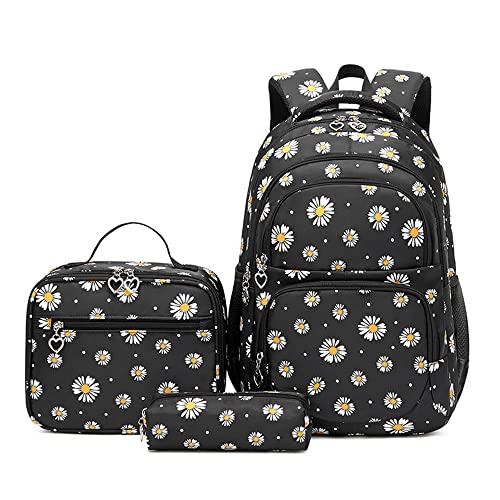 3Pcs Flower Daisy Backpack for Girls with Lunch Box Kids School Bag - color: Black