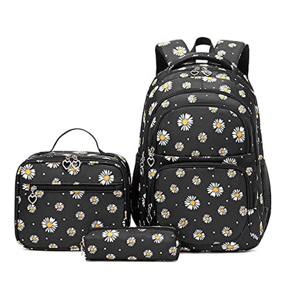 3Pcs Flower Daisy Backpack for Girls with Lunch Box Kids School Bag - color: Black