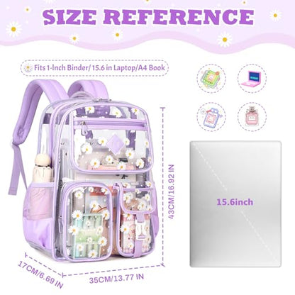 PIG PIG GIRL Clear Backpack for School,Heavy Duty PVC Transparent Bookbag for Girls Stadium Approved See Through Backpack - color: Purple Daisy