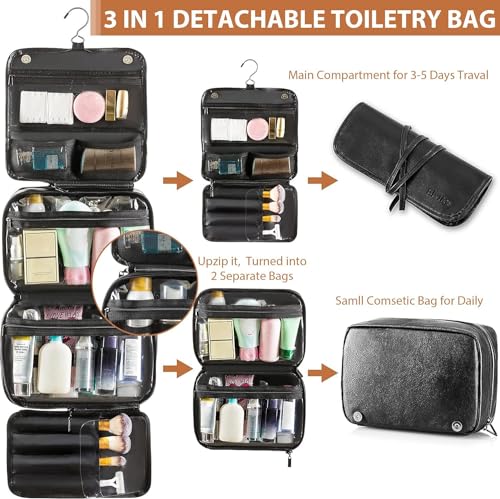 Elviros Hanging Toiletry Bag Removable Travel Bag PU leather Makeup Cosmetic Organizer Kit, Black - color: Black