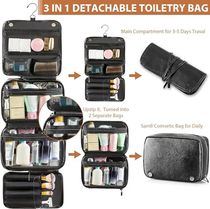 Elviros Hanging Toiletry Bag Removable Travel Bag PU leather Makeup Cosmetic Organizer Kit, Black - color: Black