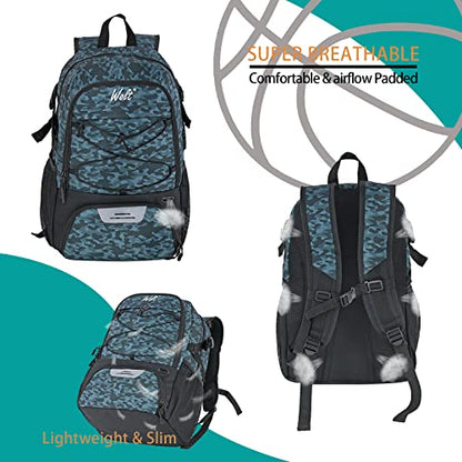 WOLT Basketball Backpack Large Sports Bag with Separate Ball Holder & Shoes Compartment, Best for Basketball, Soccer,Gym - color: Camouflage Grey