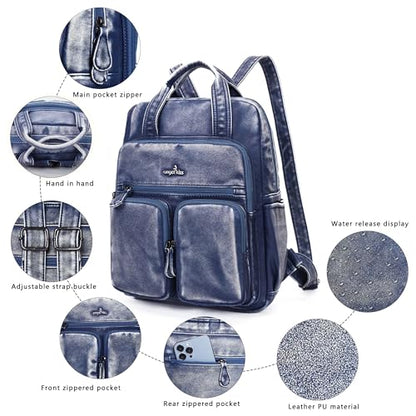 Angel Kiss Backpack Purse for Women Soft Washed Leather Multi Pocket Casual Travel Backpacks… - color: Navy-blue