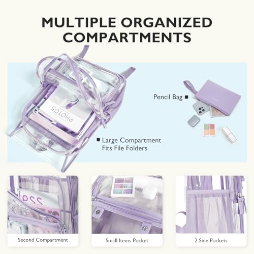 mommore Clear Backpack Heavy Duty Thick PVC Clear Bookbag for School with Pencil Bag Transparent Backpack See-Through Bag - color: Purple, style: Clear Backpack Set