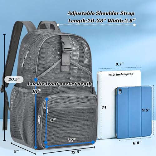 Metaverse Mesh Sports Backpack 20 Inch with Racket Holder for Men Women, Large Travel Gym Beach Backpack with Water Bottle Pockets - color: Grey