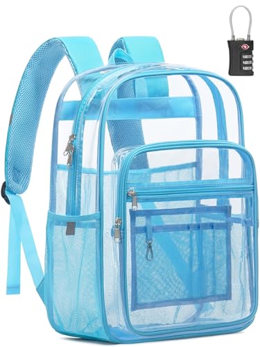 Clear Backpack Heavy Duty With A TSA Lock, 18 Inch Large Clear Back pack, Transparent See Through Bookbag for College, Work, Travel, Sport- Light Blue - color: Light Blue