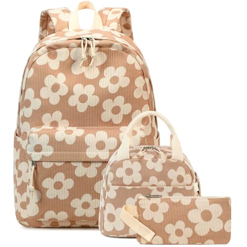 Bluboon School Backpack Set Girls Womens Laptop Bookbag Casual Daypack Fits 15 inch Laptop with Lunch Tote Bag and Pencil Bag - color: Beige Flower Brown Base