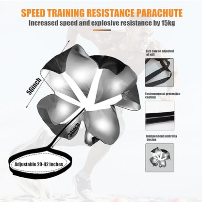 Running Parachute for Speed Training, 56 inch Resistance Parachute for Athletes, Sprinting & Football Training Equipment with Adjustable Waist Belt, Drag Chute to Improve Velocity & Explosive Power - color: Black-Velcro belt