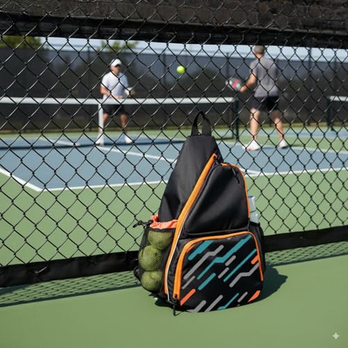 Pickleball Sling Bag with Shoe Compartment - Crossbody Backpack Fits 2 Paddles, 32oz Bottle & Fence Hook, Sports Bag for Men & Women (Shoe Limit: up to US Men's 10 / Women's 11.5) - color: Black/Amber