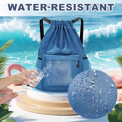 Tygelluis Drawstring Backpack, Waterproof Gym Bag with Water Bottle Pocket for Women Men, Pull String Sport Bag for Swim, Soccer and Basketball,Blue - color: Blue1
