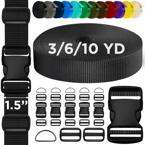 TECEUM Buckles & Strap Kit – 1.5" Black Nylon Webbing 6 (yd) – 6 Heavy Duty Adjustable Plastic Buckles – 12 Tri-Glide Slide Clips – 6 Metal D-Ring – Ideal Straps for Arts Crafts Outdoors Indoors DIY - color: Black, size: 1.5" - 6 yards, style: 6 Buckle -
