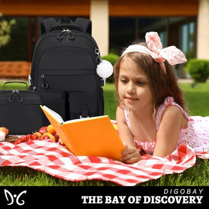 DIGOBAY 3PCS Girls Backpack for School, Kids Backpack for Girls with Lunch Bag Pencil Case, Kids Bookbag Teen Girl Backpacks for Elementary Middle High College School (Black) - color: Black