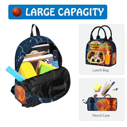 3PCS Backpack for Boys Girls, Kids Basketball Back to School Backpack Sets with Lunch Bag Pencil Case, 17 Inch Lightweight Bookpack 3 in 1 Set for Teens Elementary Middle High School Students - color: Water Fire Basketball