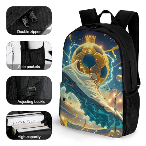 Golden Soccer Ball Crowned Football Boot Stadium Lightning Backpack, Durable Polyester Daypack with Laptop Compartment, Reinforced Bottom, Adjustable Shoulder Straps And Multi Pockets for Travel And D - color: Golden Soccer Ball Crowned Football Boot Stad